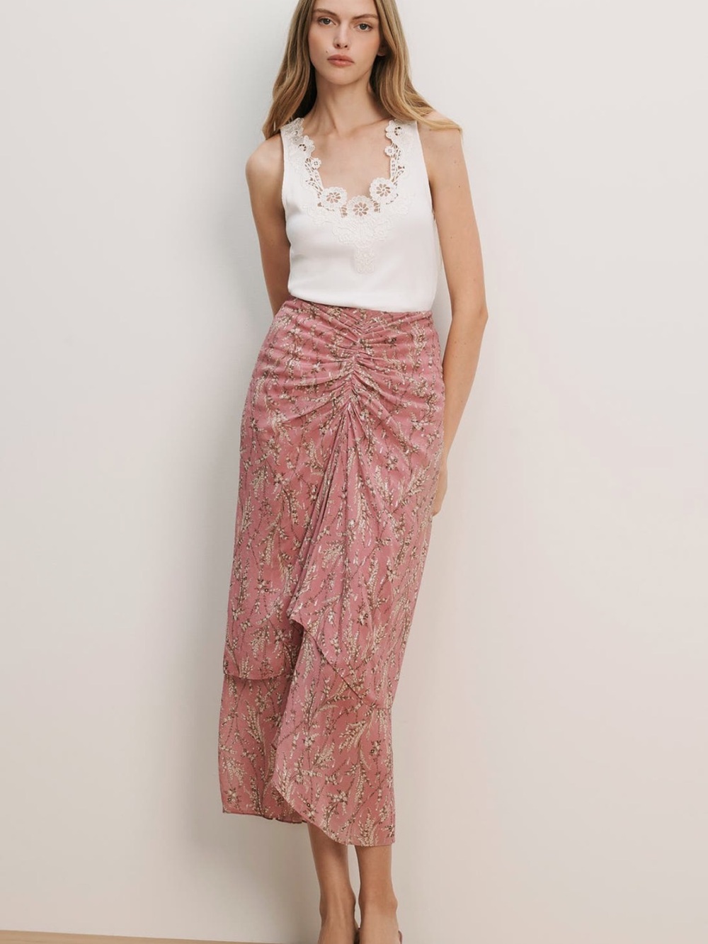 Veronica Beard Lavendar Floral Ruched Midi Skirt